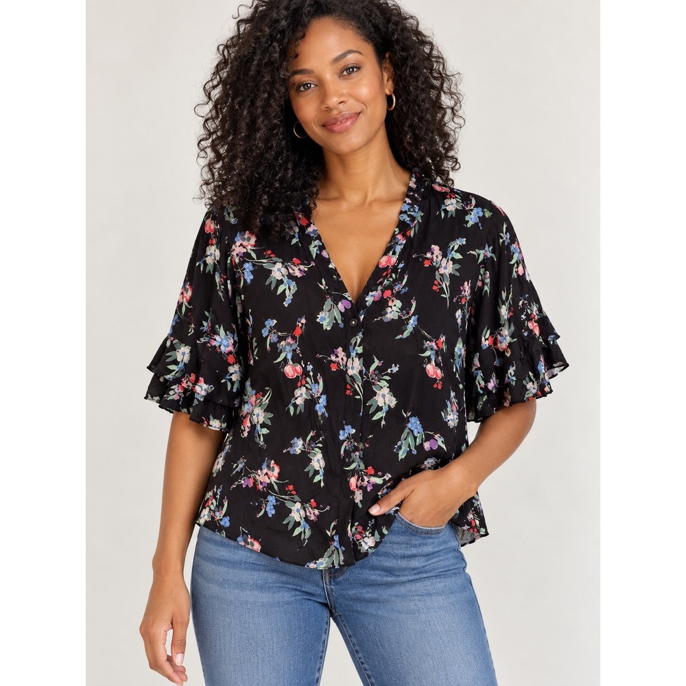 Maeve Anthropologie Floral Ruffle Flutter Sleeve Button Down Blouse Black Medium